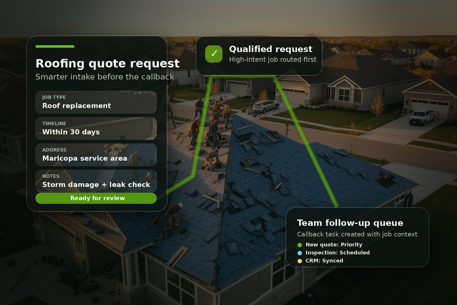 Home service quote request workflow with service team follow-up cues
